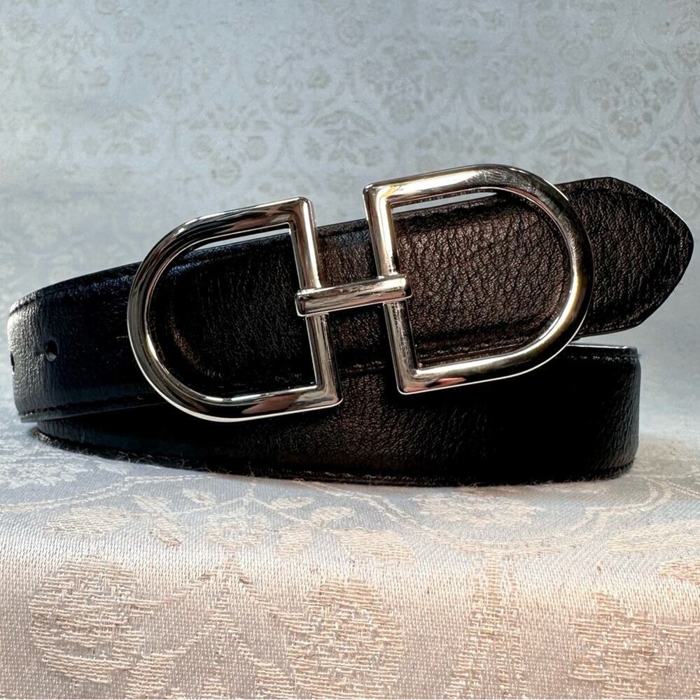 Black Leather Belt with Silver Buckle 37.5 inch - Picture 2 of 6